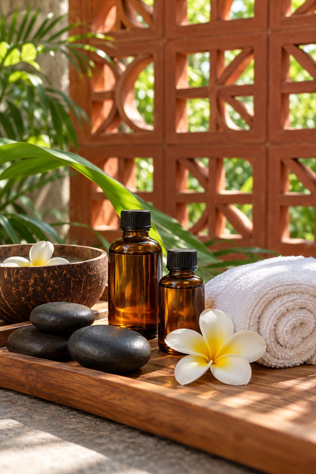 Hot stone massage set-up in the spa