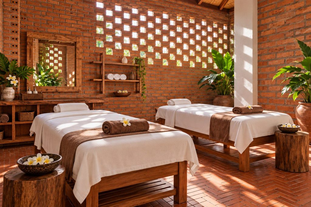 Spa treatment room with red-brick and breeze-block walls