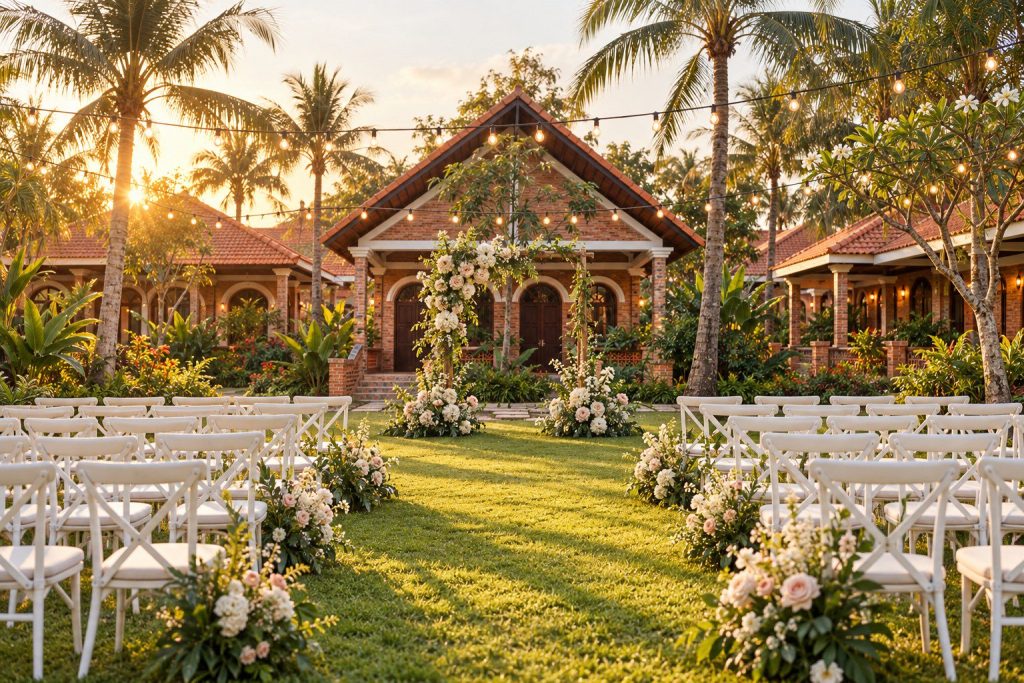 Garden wedding set up on the resort lawn