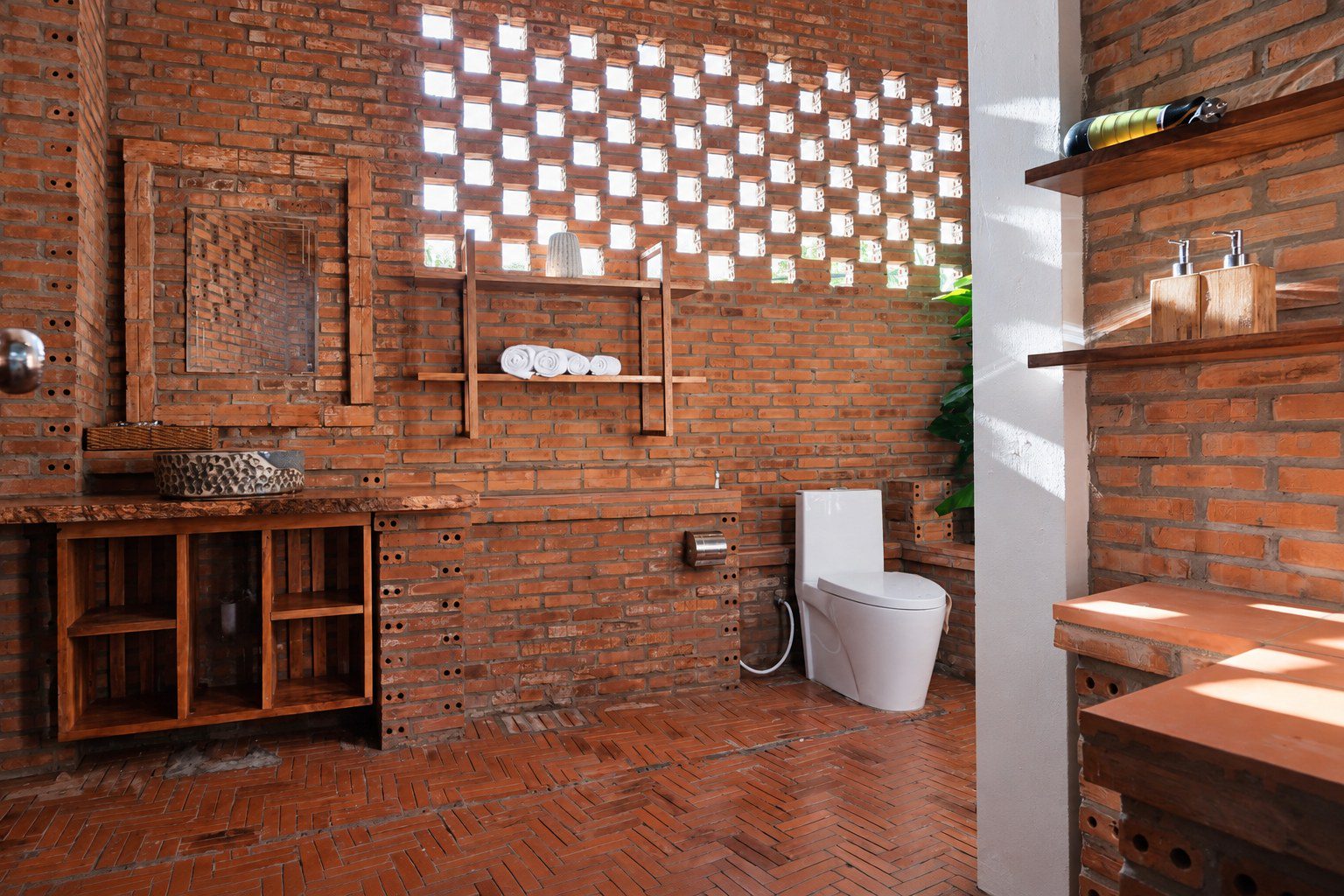 Breeze-block bathroom wall